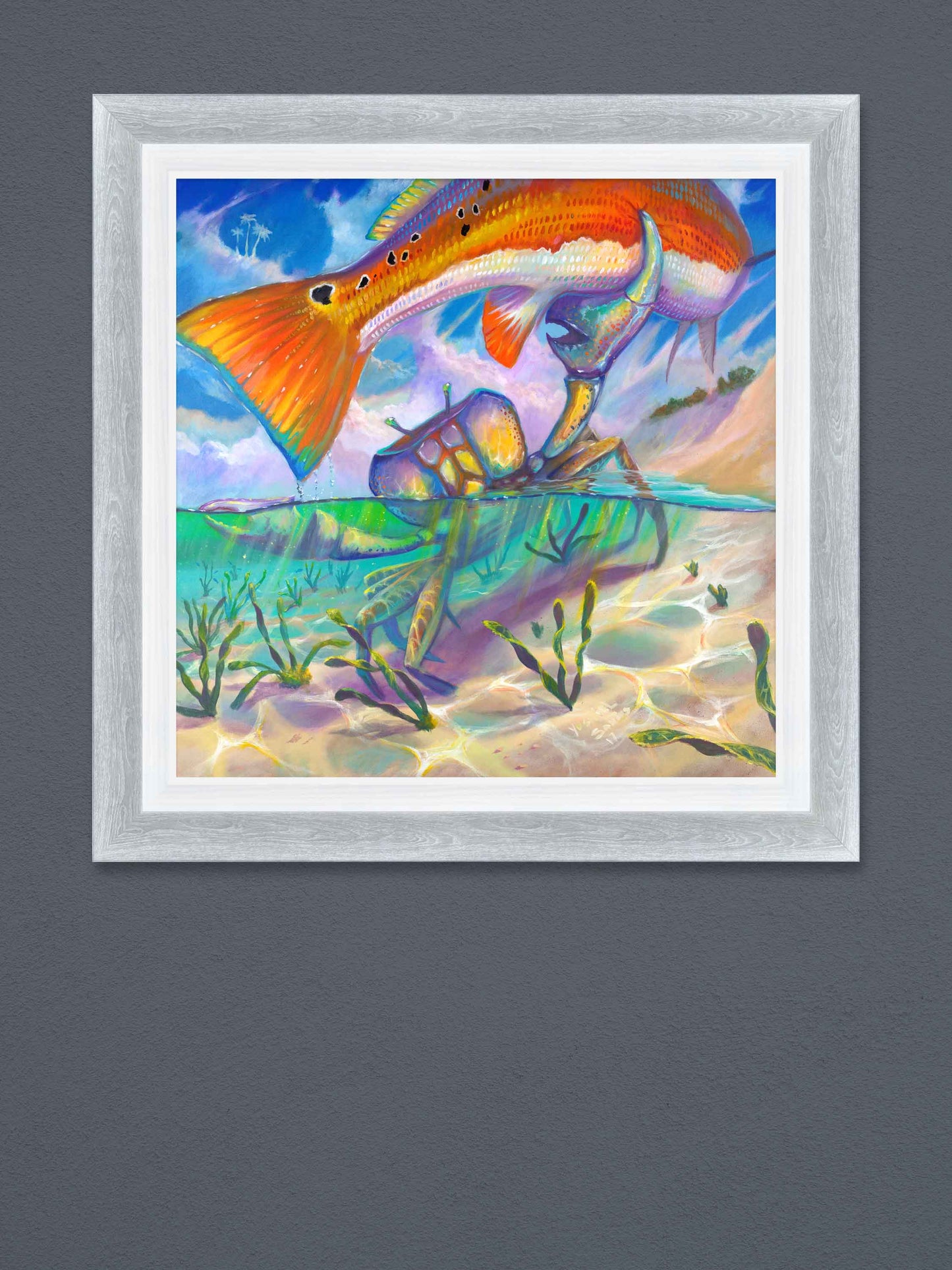 surrealist painting of crab holding a redfish