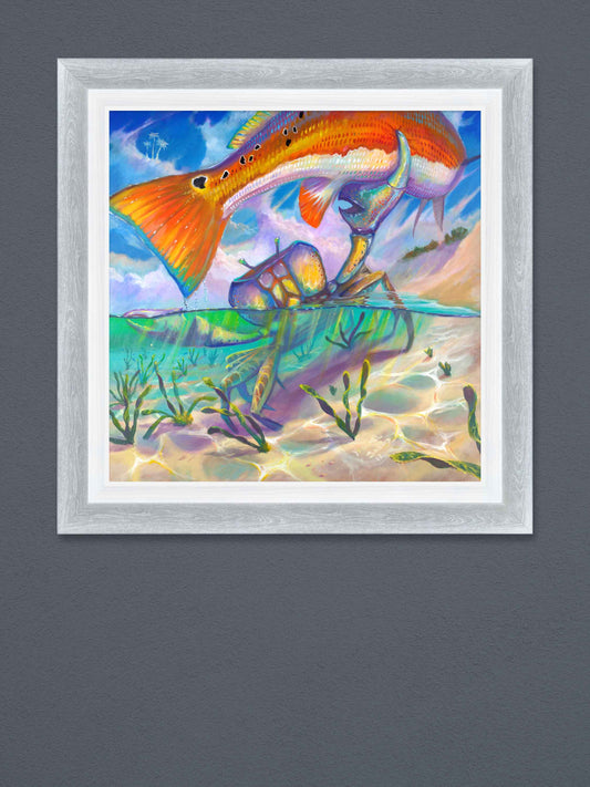 surrealist painting of crab holding a redfish
