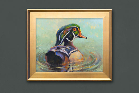 wood duck oil painting framed with golden frame