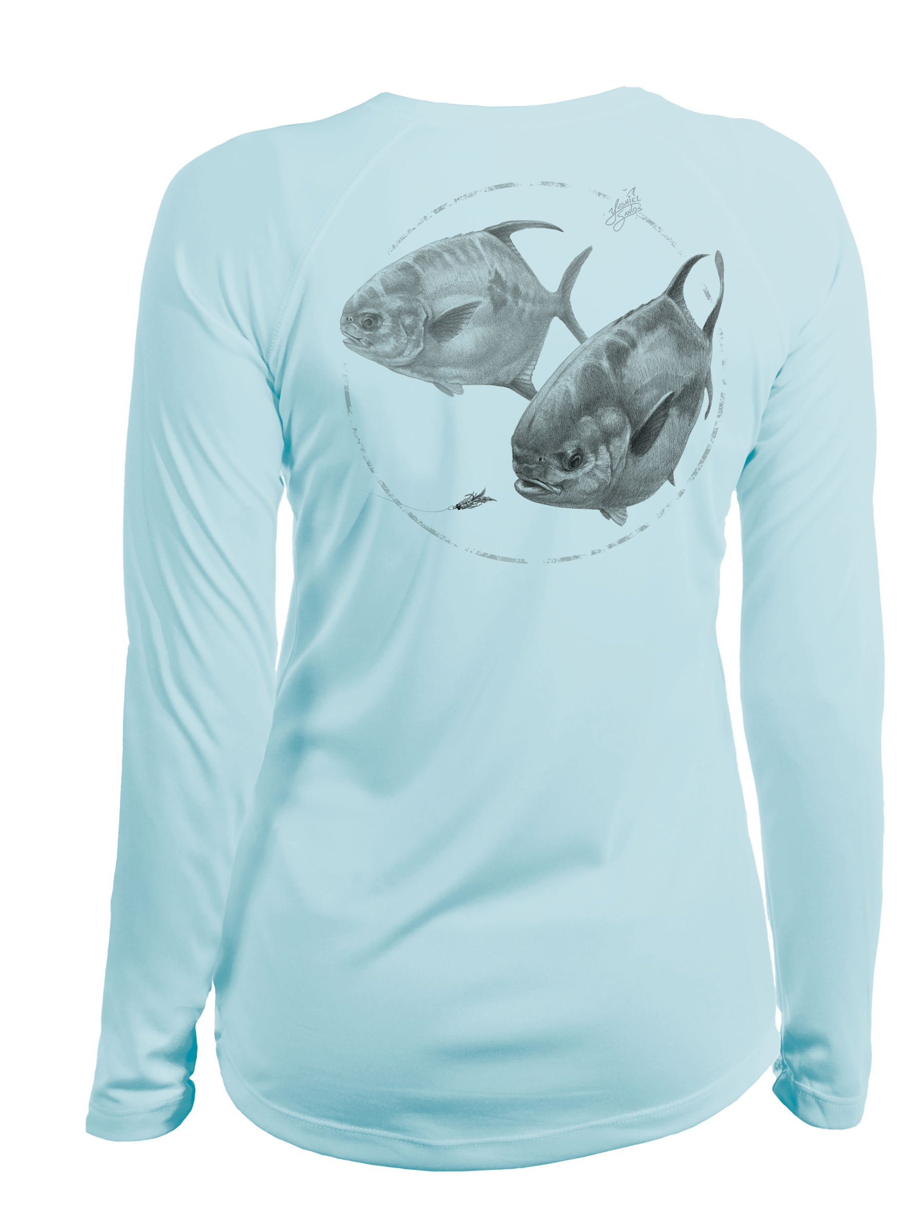 Permit fly fishing design on a light blue performance shirt