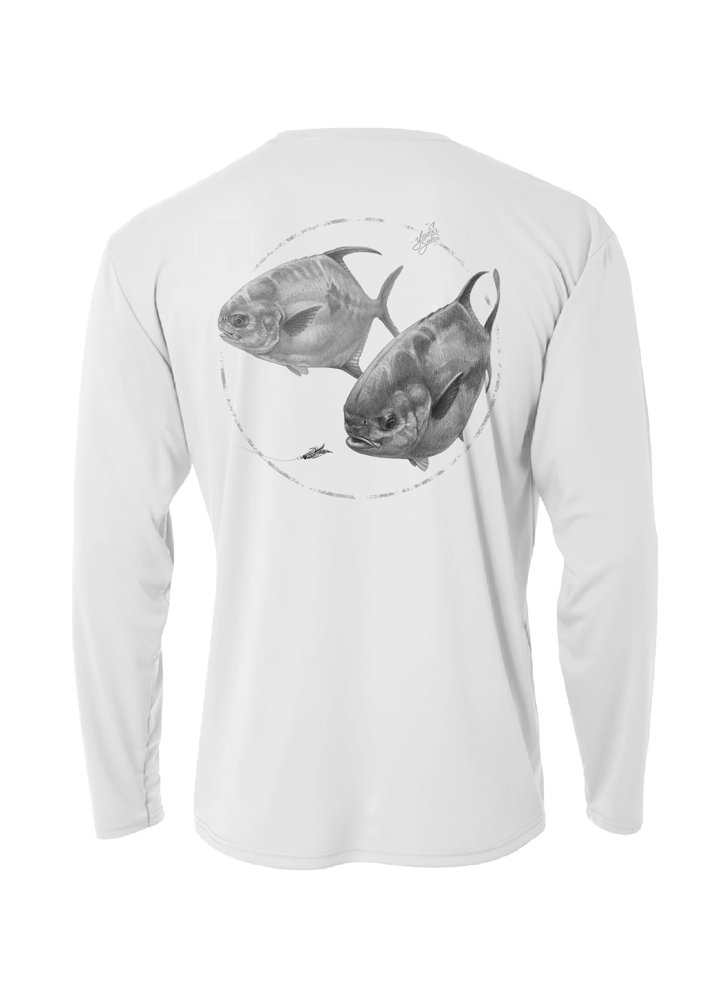 Light blue long sleeve shirt featuring 2 detailed permit fish chasing a fly perfect for outdoor enthusiasts and anglers. Design in on the back