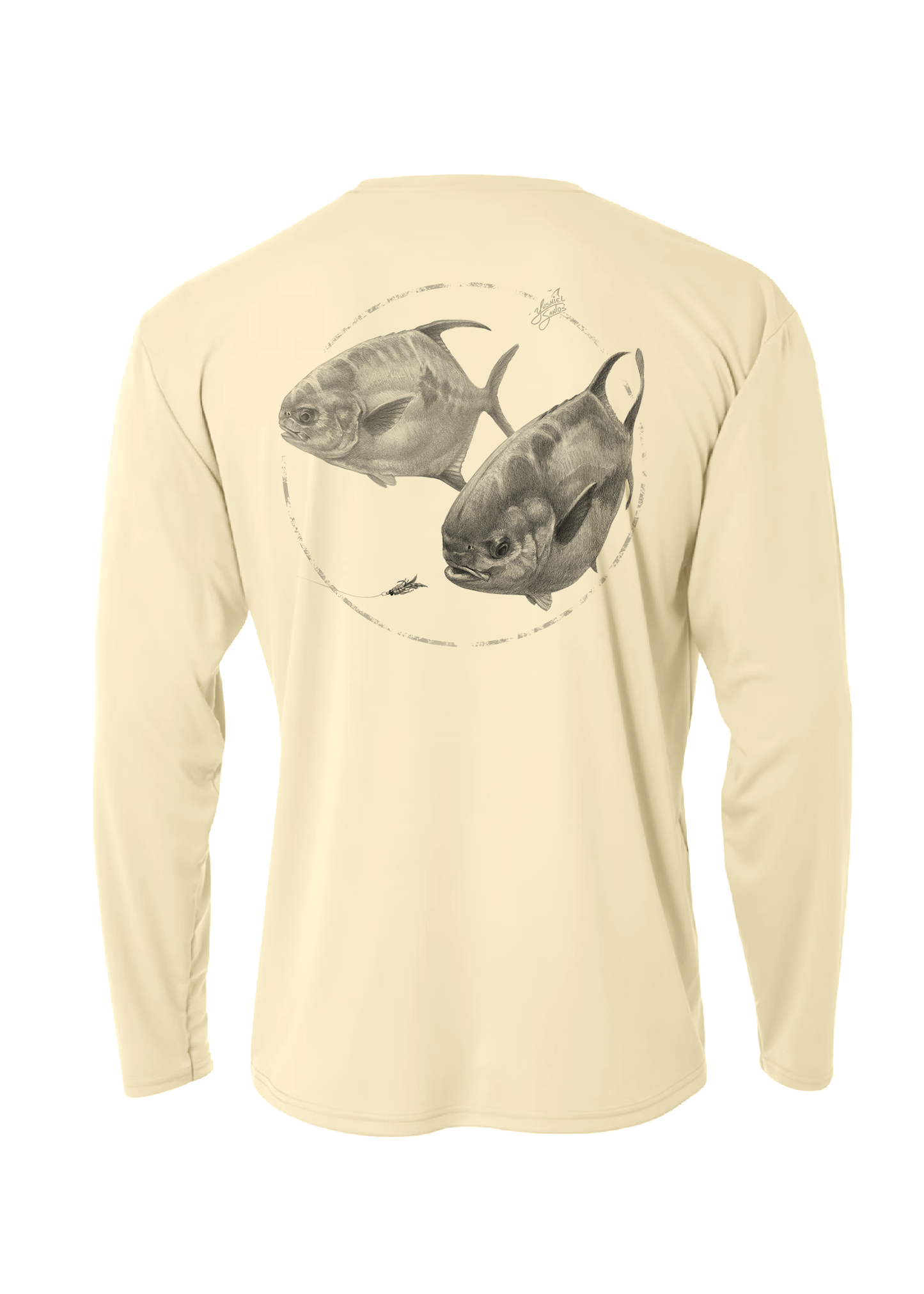 Yellow long sleeve shirt featuring 2 detailed permit fish chasing a fly perfect for outdoor enthusiasts and anglers. Design in on the back