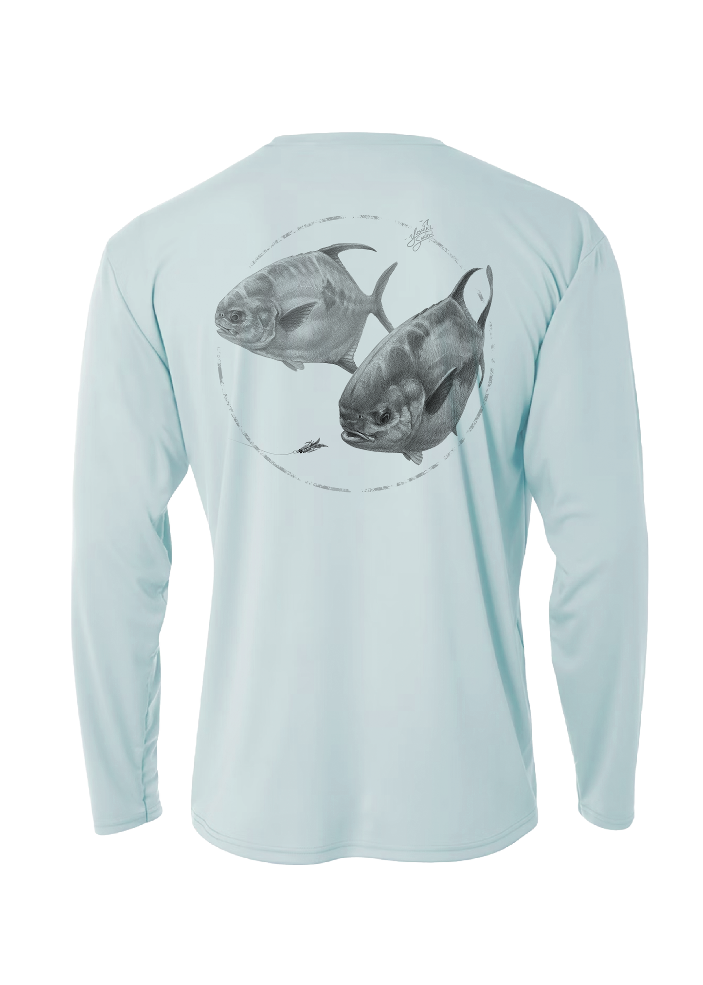 Light blue long sleeve shirt featuring 2 detailed permit fish chasing a fly perfect for outdoor enthusiasts and anglers. Design in on the back