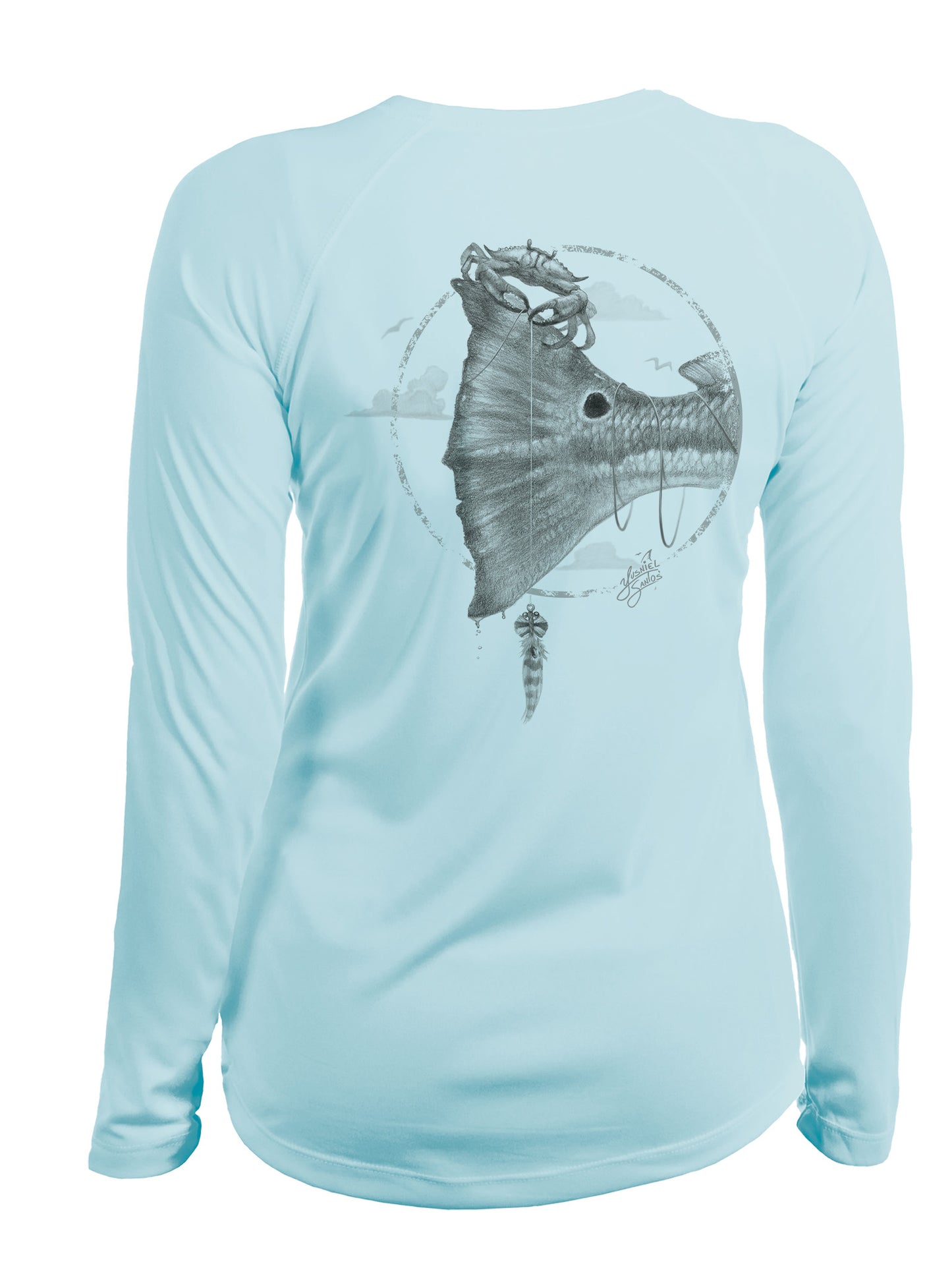 redfish tail-blue shirt