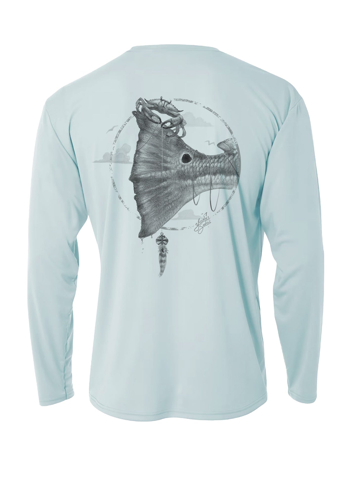 light blue performance shirt-redfish design