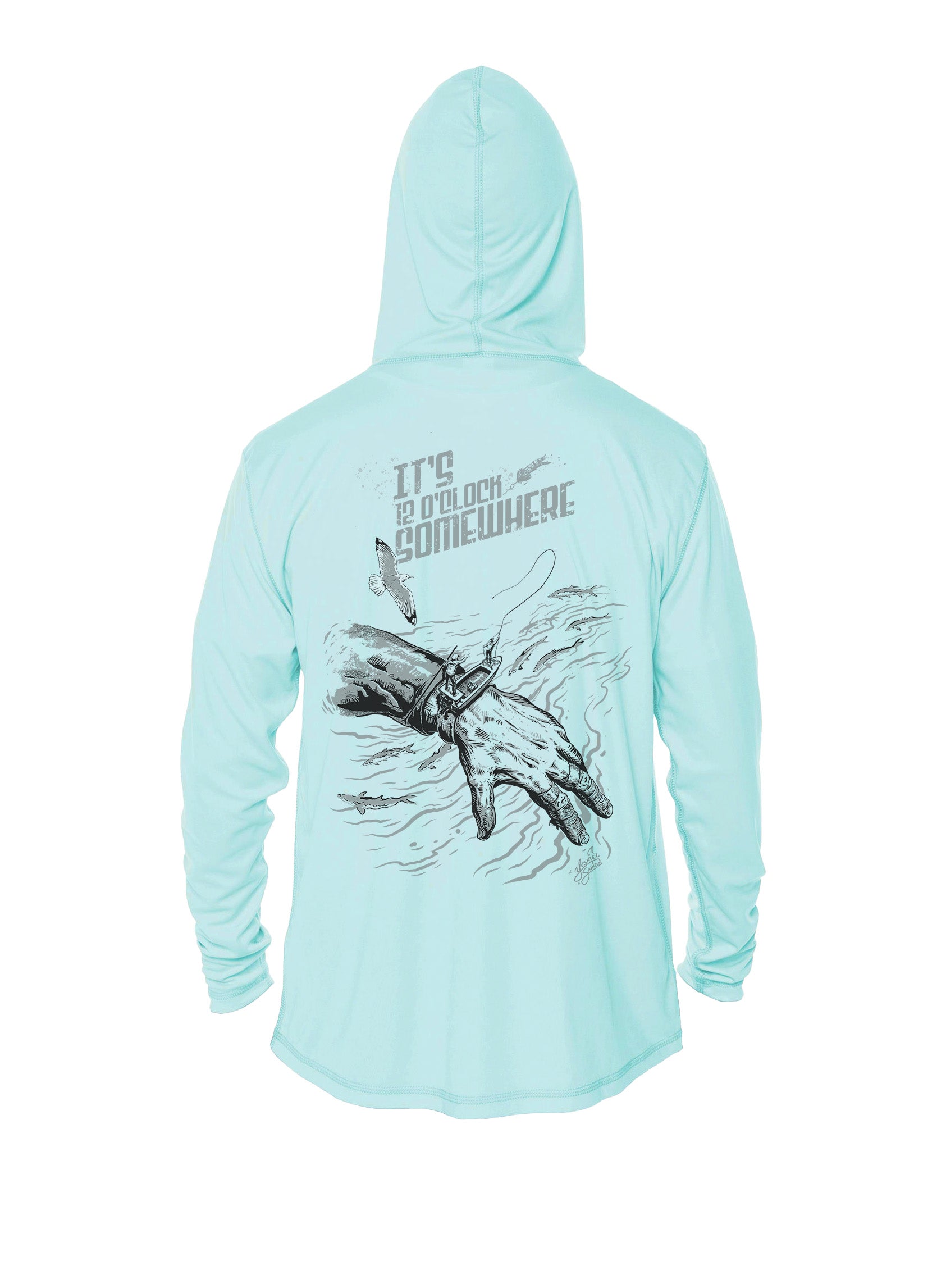 Blue Performance Hoodie with Fly fishing design 