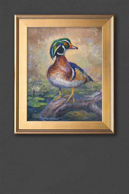 wood duck painting with gold frame 
