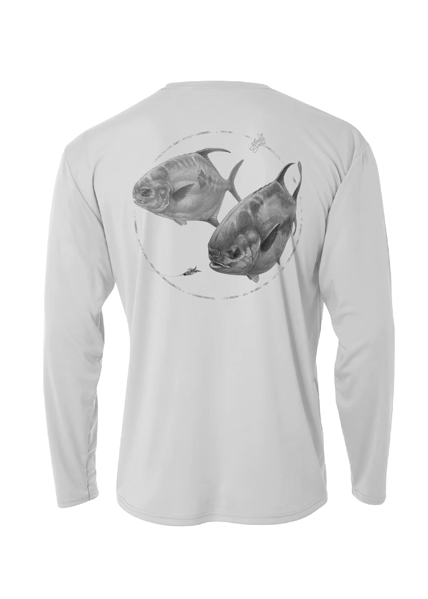 sSilver long sleeve shirt featuring 2 detailed permit fish chasing a fly perfect for outdoor enthusiasts and anglers. Design in on the back