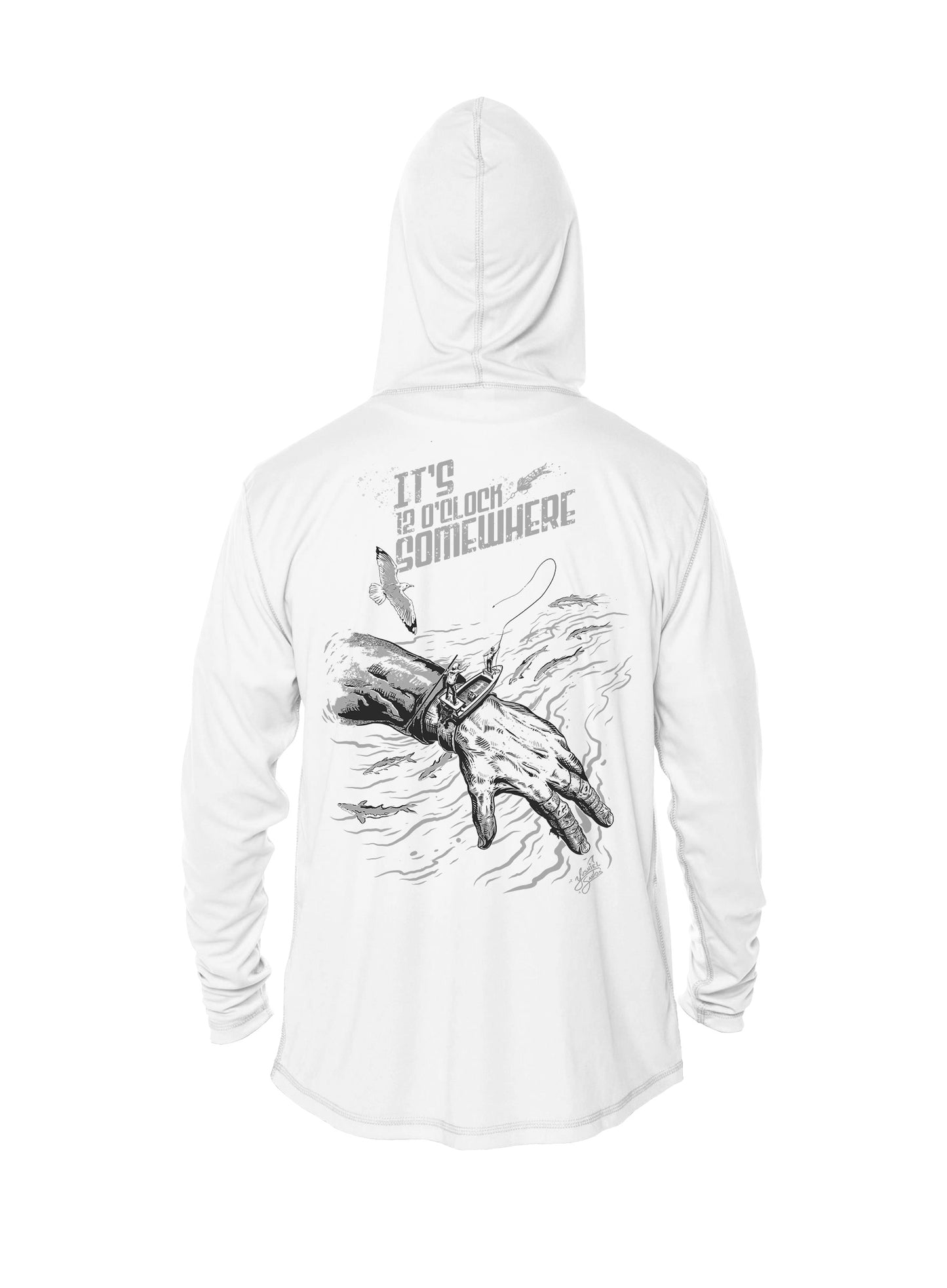 White hoodie-flyfishing design 